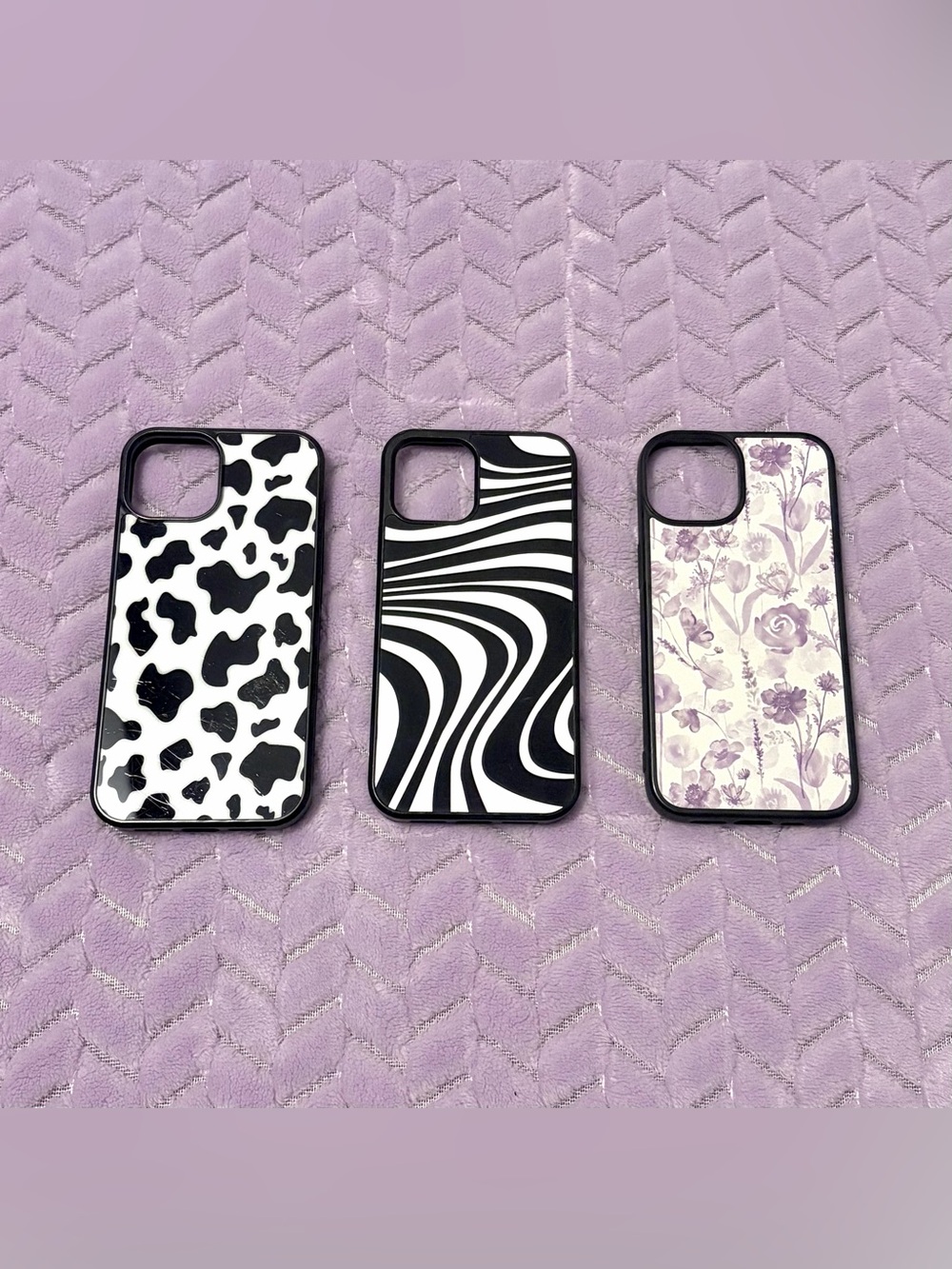 Set of 3 Stylish Black, White & Purple Pattern iPhone 14 Cases